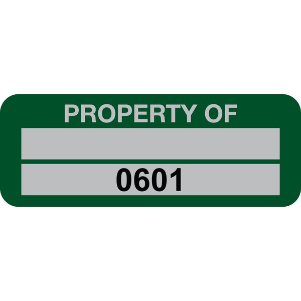 Lustre-Cal Property ID Label PROPERTY OF 5 Alum Green 2in x 0.75in 1 Blank Pad & Serialized 0601-0700, 100PK 253740Ma2G0601 - main